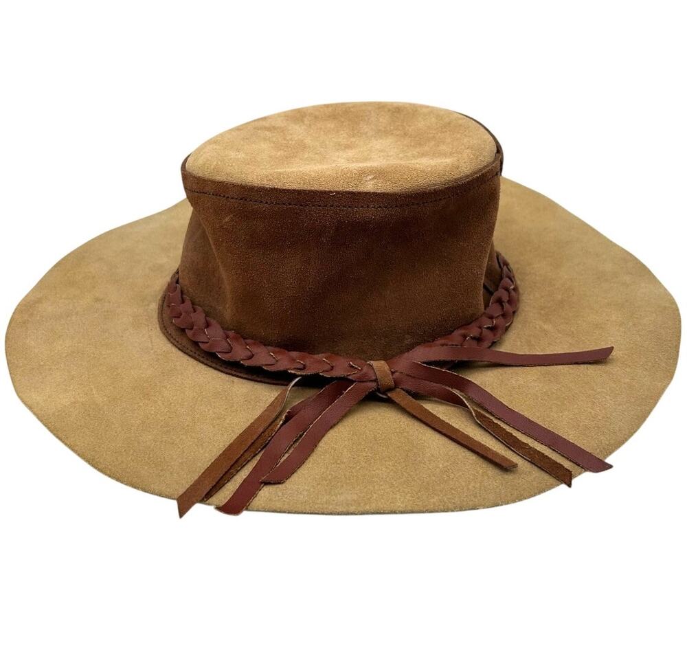 Vintage Suede Wide Brim Bolero Hat Braided Tan Leather Band Size 6 3/8 51cm - Picture 1 of 10